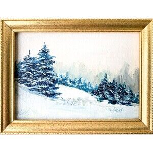 Framed 6x8 Original Oil Landscape Painting Snowy Winter Forest Pines Art Signed